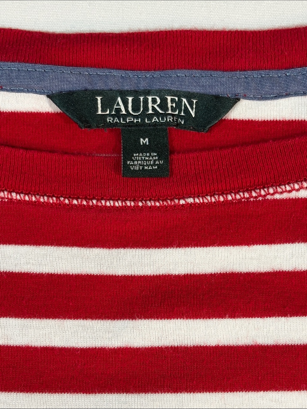 Lauren Ralph Lauren Short Sleeve Top Button-Sleeve Medium Red White Striped - Picture 8 of 13